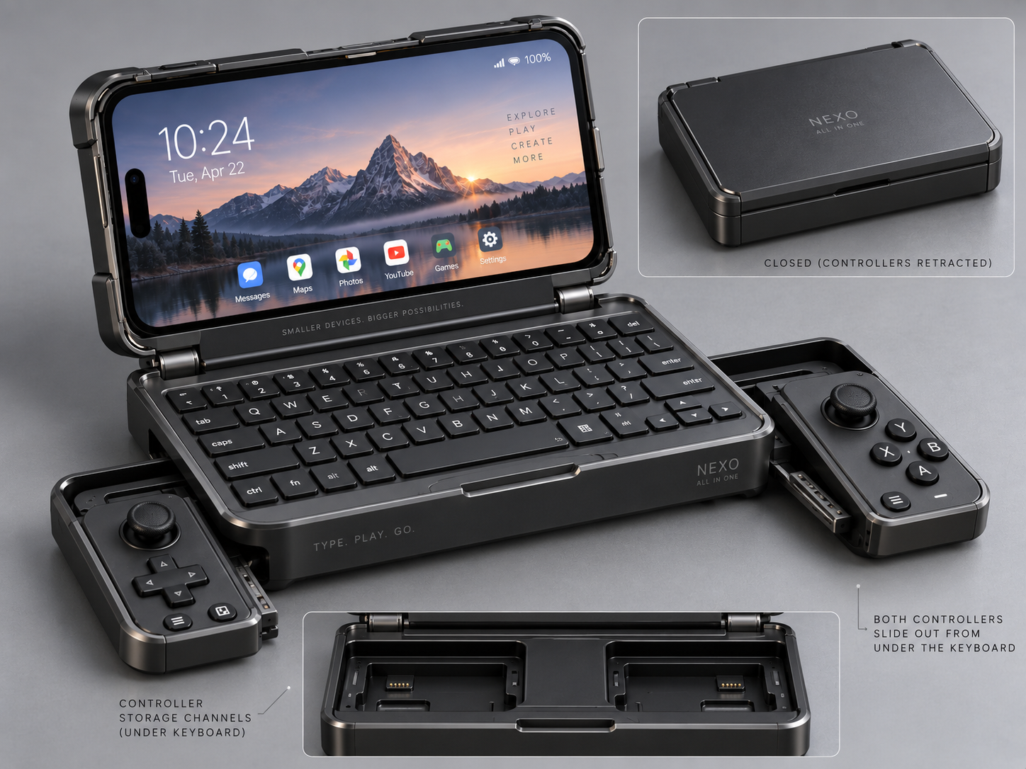 Industrial design concept showing a Seeker phone in a clamshell keyboard dock with detachable game controllers